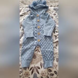 Blue Knit Baby Onsie Sweater with Wooden Buttons